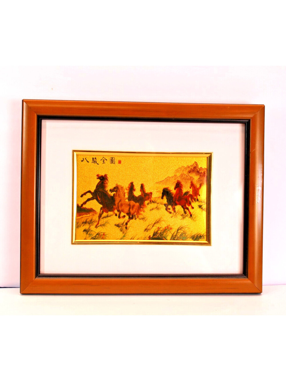 Vtg MCM OOAK Metallic Gold Asian "Eight Horses Galloping" Mat/Frame 10x8 Signed